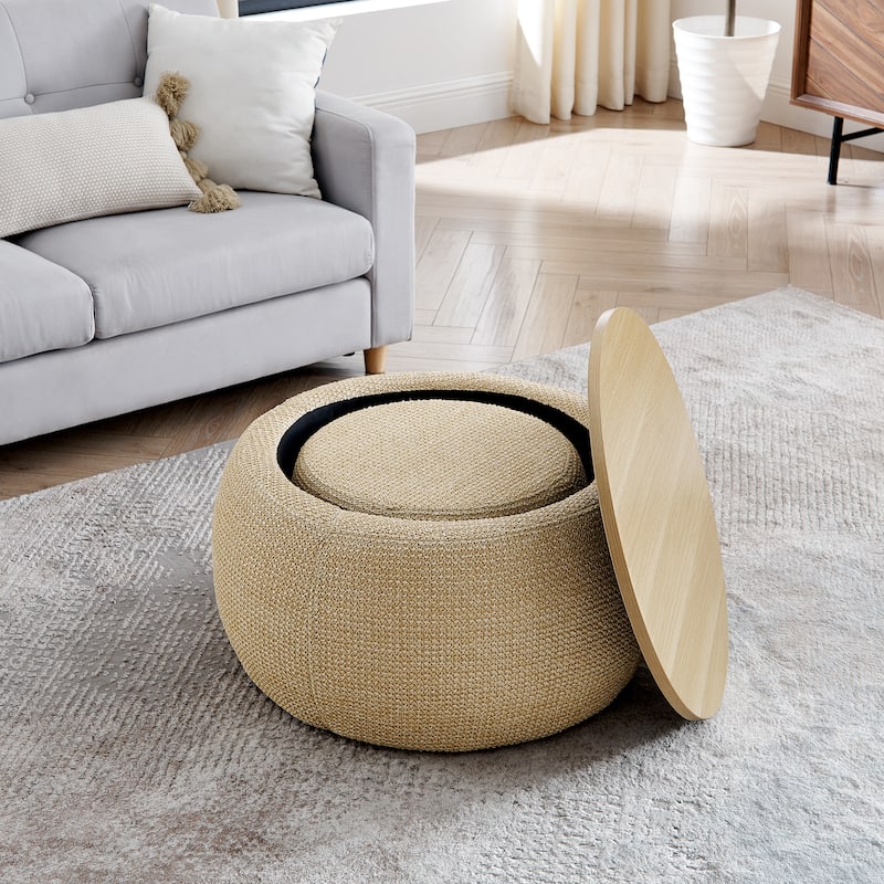 Roomfitters Round Storage Ottoman with Small Seat, 2-in-1 Design Serves as End Table or Footrest, Accent Furniture
