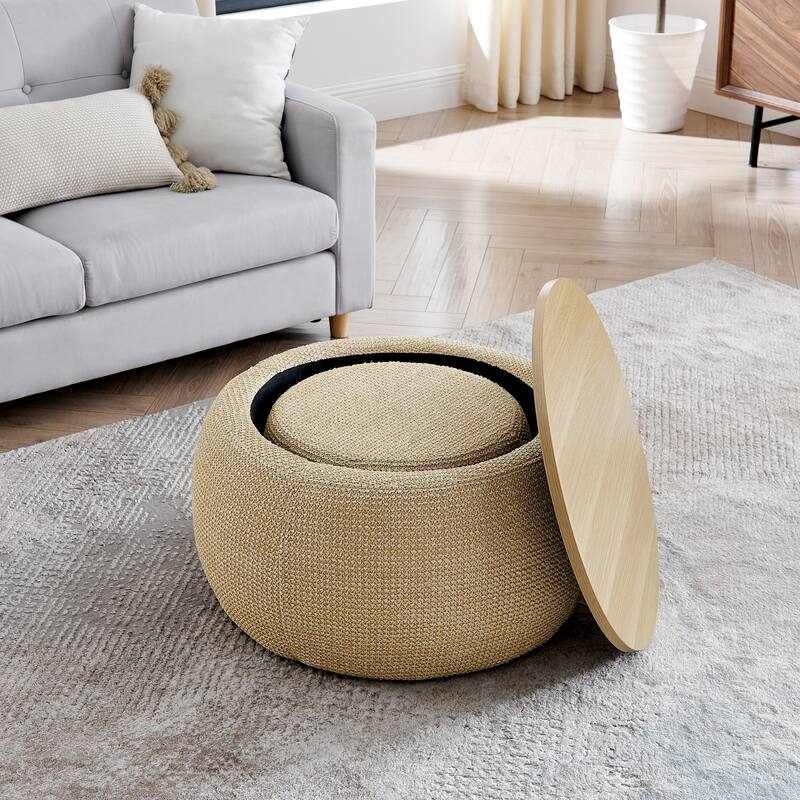 Woven Rattan Upholstered Ottoman with Storage and 2 in 1 Function