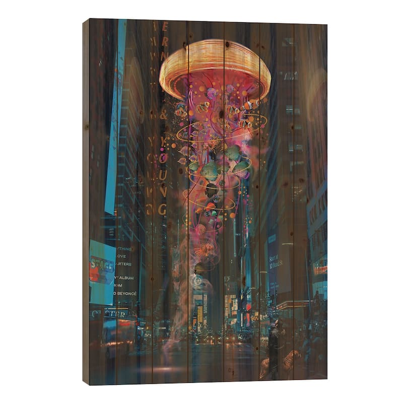 Electric Jellyfish In Newyork Print On Wood by David Loblaw - Multi-Color - 26x18x1.5