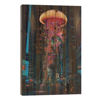 Electric Jellyfish In Newyork Print On Wood by David Loblaw - Multi-Color