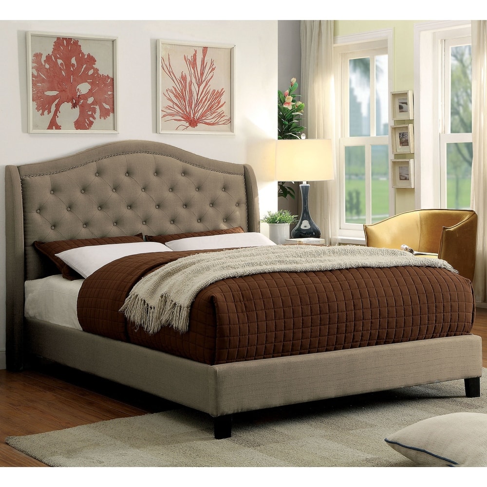 Furniture of America Wall Traditional Grey Fabric Tufted Platform Bed