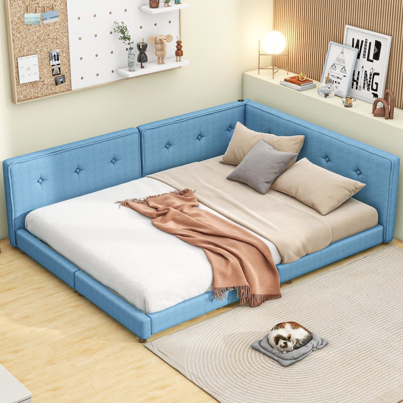 Upholstered Full Size Platform Bed with USB Ports - Blue