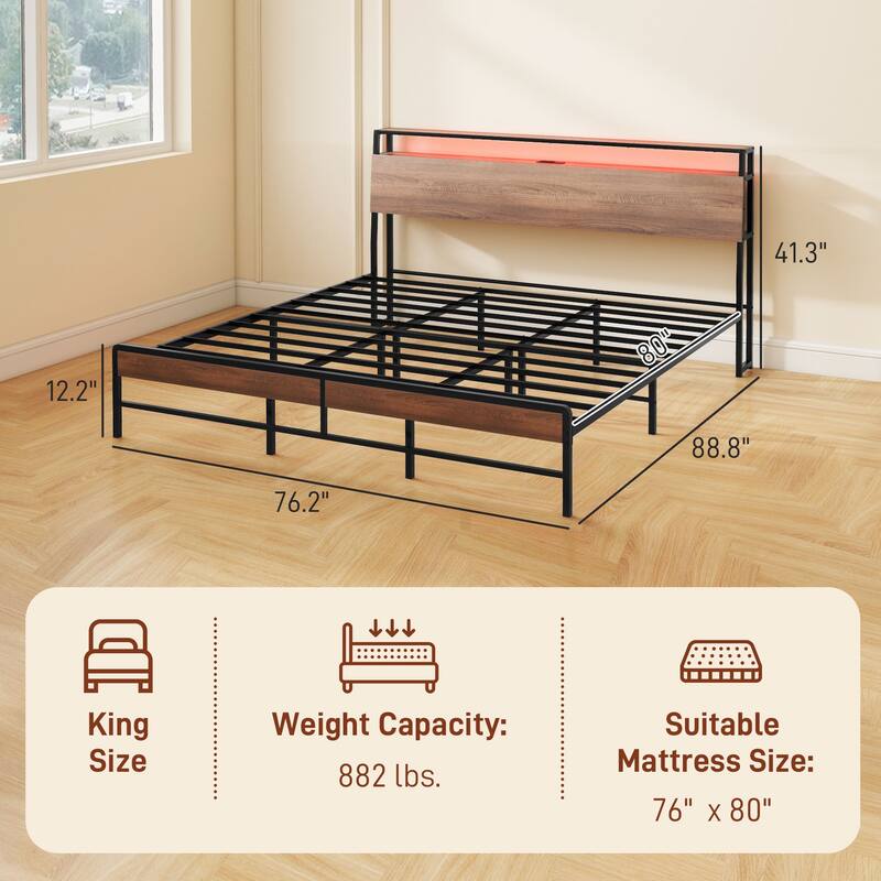 Walnut Platform Bed Frame with USB Charging and RGB LED Lights 3-Tier Storage and Noise-Reducing Mats