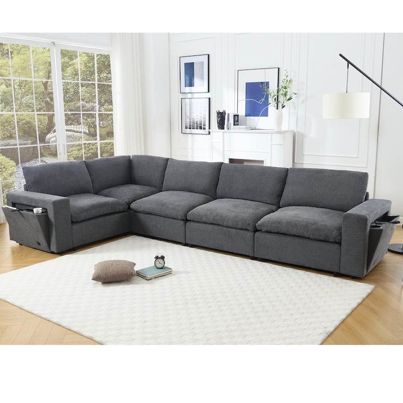 141.5" Linen Modular L-Shaped Sectional Sofa with Charging - Gray