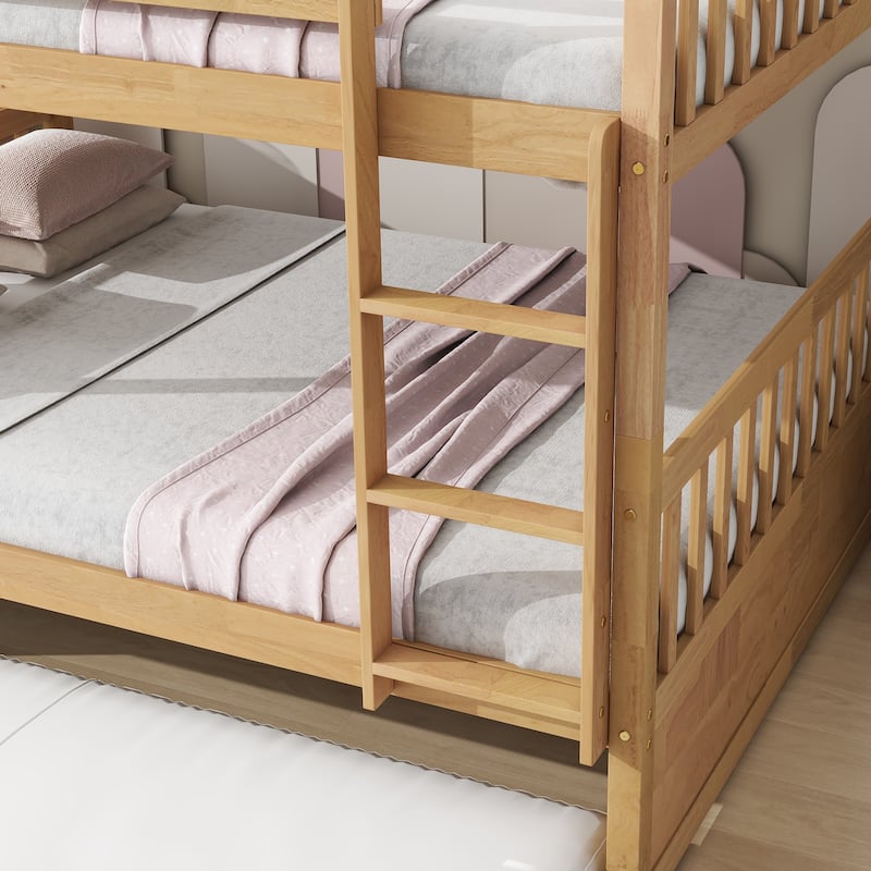 Full Over Full Bunk Bed Wood Bunk Bed with Trundle, Ladder and Guardrails,Convertible to 2 Bed for Teens, Adults