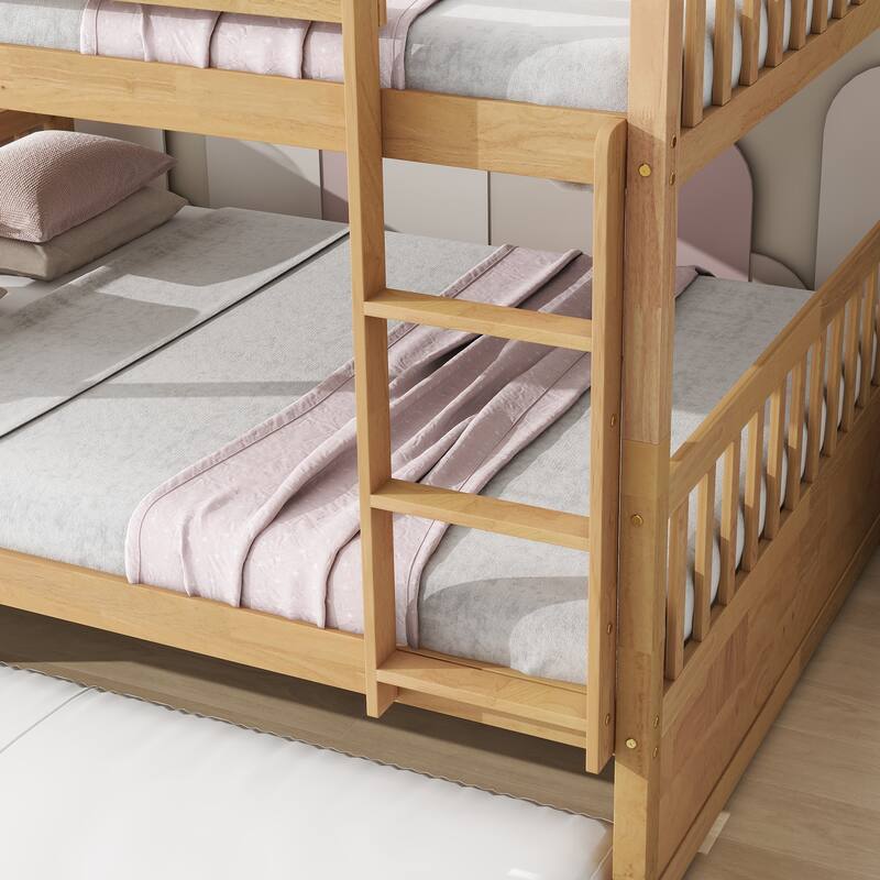 Roomfitters Full Over Full Rubber Wood Bunk Bed with Trundle, Convertible to Two Full Beds with Ladder and Guardrails