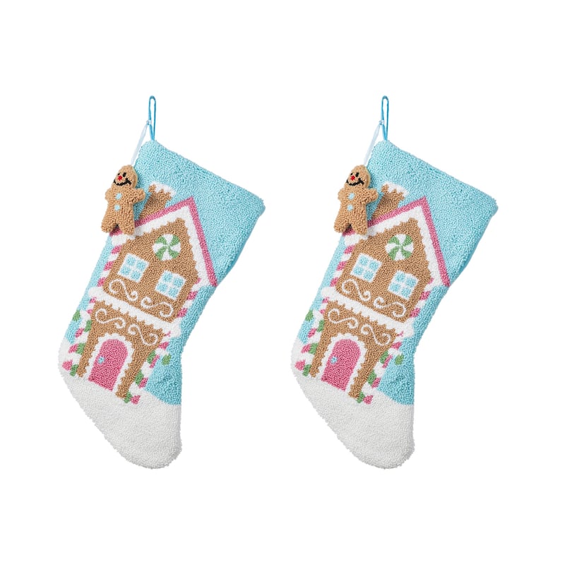 Glitzhome 21"L Hooked Yeti Gingerbread House Stocking with Gingerbread Man Ornament - 2PK Gingerbread House