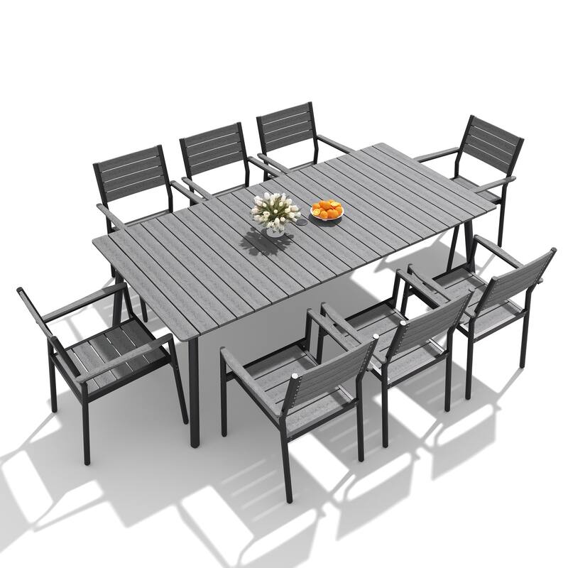 7/9/11-Piece Outdoor Dining Set Aluminum Dining Table with Umbrella Hole and Stackable Chairs - Dark Grey - Set of 9