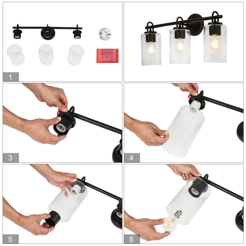 Modern Farmhouse 3-Light Black Bathroom Vanity Light Cylinder Glass Wall Sconce - L 22" x W 7.1" x H 9.6"