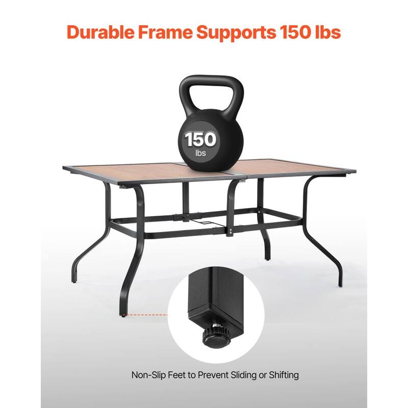 Outdoor Patio Dining Table Brown Wood Grain Carbon Steel Weather Resistant Table with Umbrella Hole - 59x38x29 in