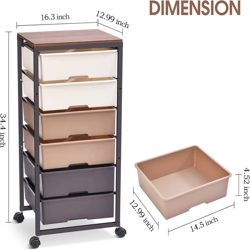 Rolling Storage Cart with 6 Drawers - 12.99"D x 16.3"W x 34.4"H