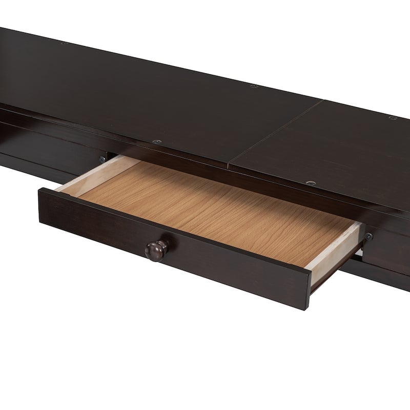 Full Size Wooden Loft Bed with U-Shaped Desk, Tri-Fold Mirror & Storage Compartments, Space-Saving Design