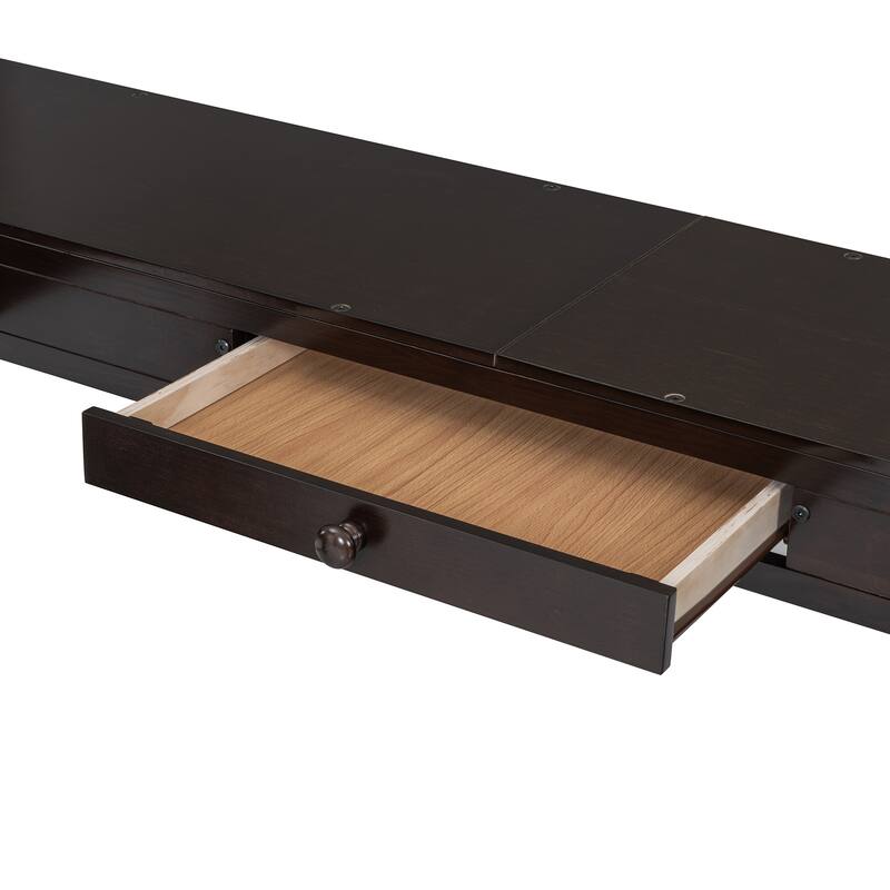 Full Wooden Loft Bed with U-shaped Desk,Storage Compartments and Tri-fold Mirror