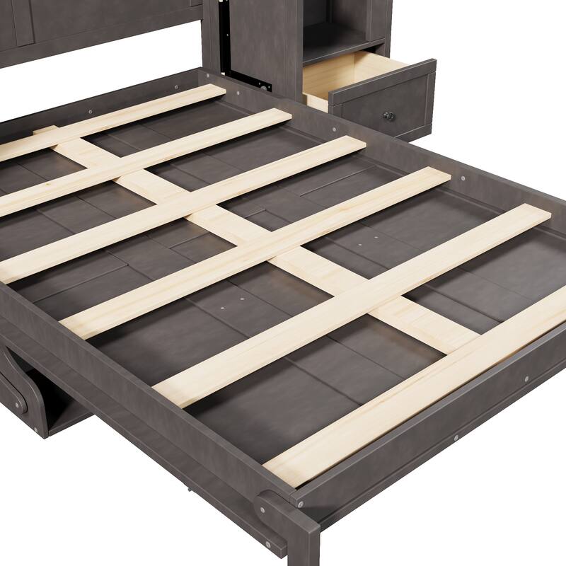 GDFStudio - Modern Wooden Queen Murphy Platform Bed with Side Cabinets, Drawers and LED