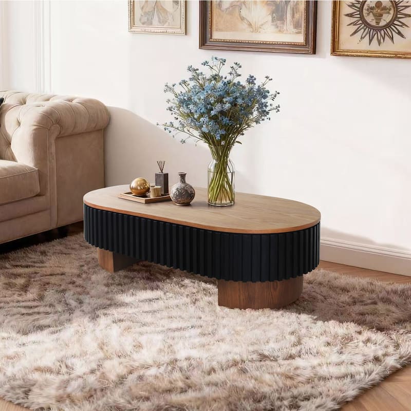 GDFStudio Nyverra Solid Wood Veneer Elliptical Coffee Table with Hidden Storage and Removable Top