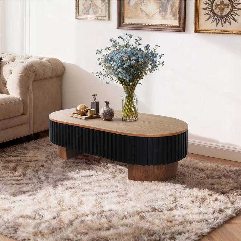Oval Coffee Table with Hidden Storage, Low Profile Wood Center Table Stylish Tea Table with Solid Wood Veneer & Removable Top