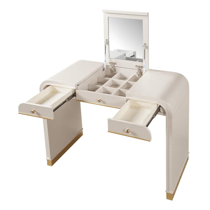 Roomfitters Flip Top Vanity Desk with Mirror and Hidden Storage, Modern Makeup Table with Gold Trim for Small Space