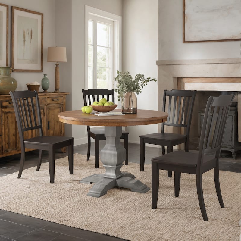 Ronda 45" Round Solid Wood Top Dining Set with Spindle Back Chairs - Antique Grey Table - Antique Black Chairs w Antique Grey Table