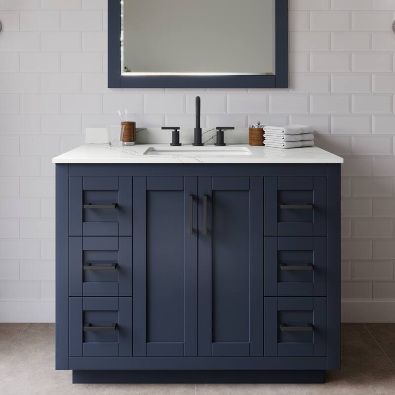 Wyndham Collection WCF292942S-QTZ-US3M34 Miranda 42" Free Standing - Dark Blue / Giotto Quartz Top / Matte Black