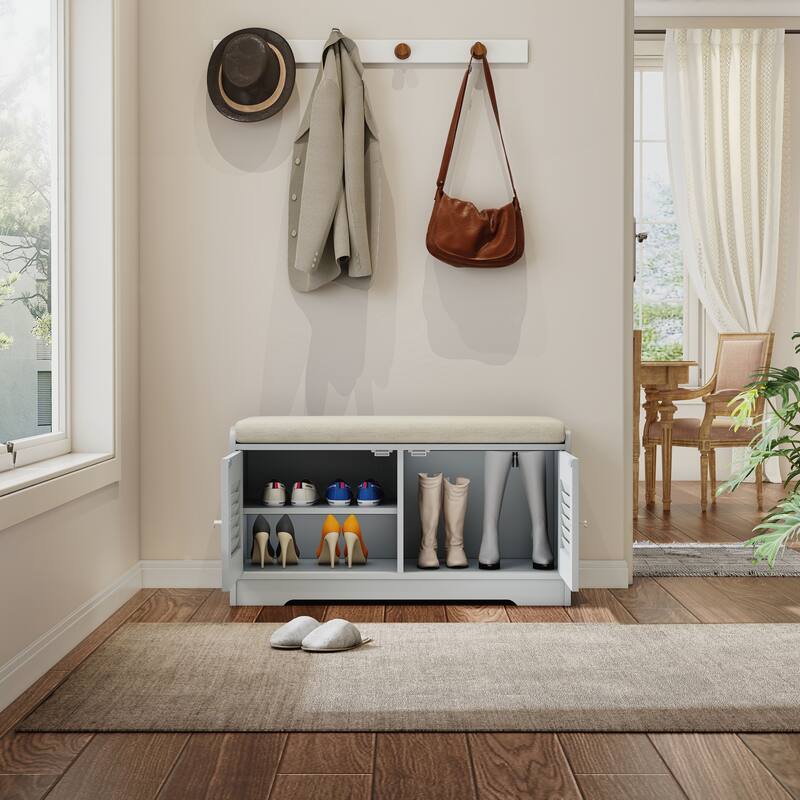 Entryway Bench with Shoe Storage, Shoe Bench with Cushion, Adjustable Shelves - Grey