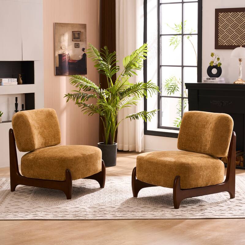 30"W Mid-Century Modern Accent Chair with Solid Wood Frame, Boucle Comfy Living Room Chair for Bedroom Lounge Reading Room - Set of 2 - Brown