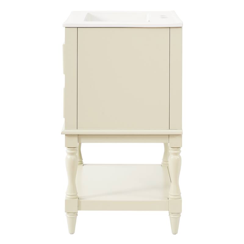 Retro Small Bathroom Vanity with Open Shelf, Ceramic Sink Cabinet