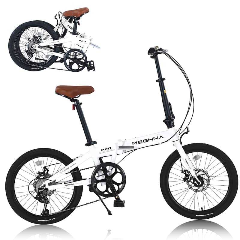 20" Folding City Bike, Lightweight Aluminum Frame,7-Speed Folding Bike - White