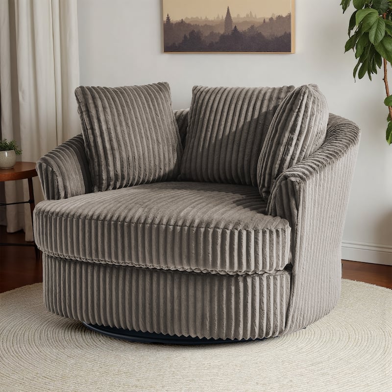 Oversized 43" W Plush Corduroy Recessed Arm Swivel Barrel Chair - Dark Camel