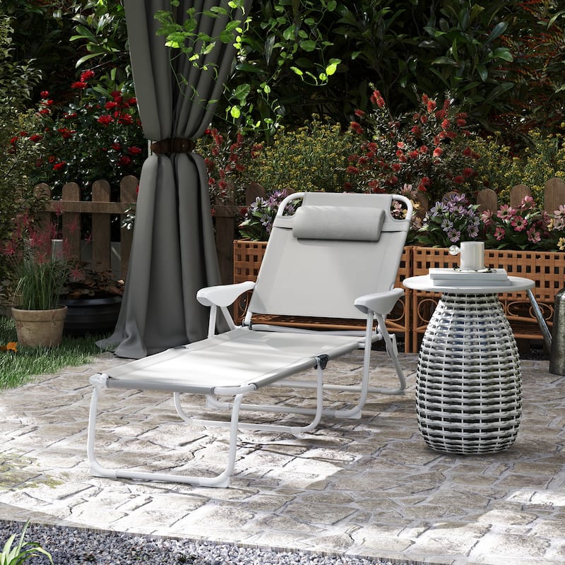 Foldable Adjustable Chaise Lounge Chair with Pillow and Armrests Portable Mesh Sun Lounger for Patio Poolside and Backyard