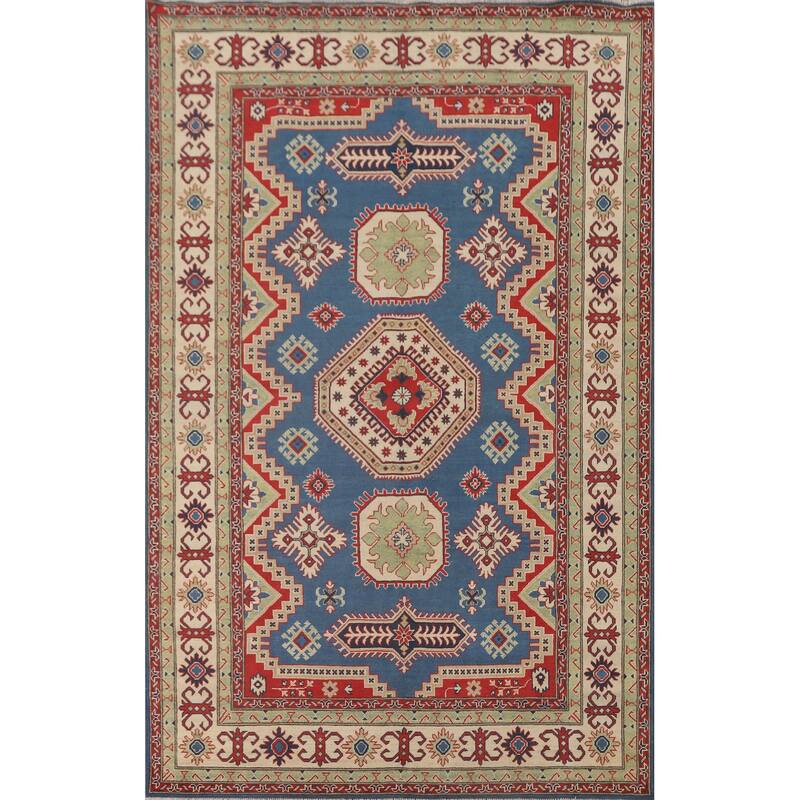 Blue Geometric Kazak Oriental Rug Handmade Traditional Wool Carpet - 6'8" x 10'1"