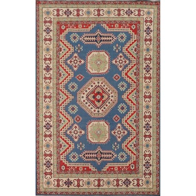 Blue Geometric Kazak Oriental Rug Handmade Traditional Wool Carpet - 6'8" x 10'1"