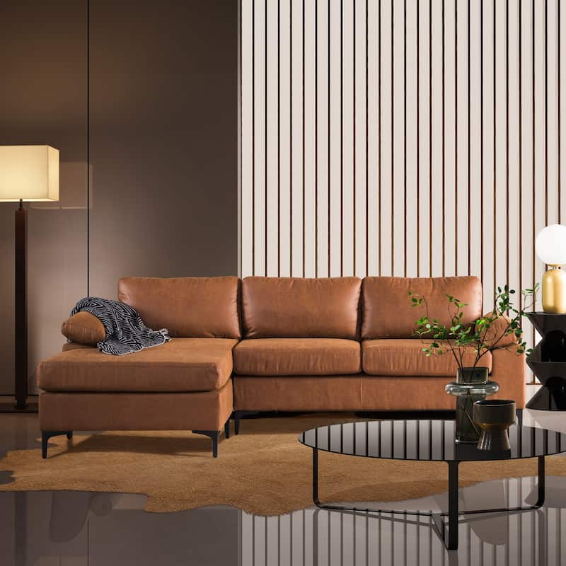 OVIOS Reversible Chaise Sofa With Fluffy Cushions Metal Legs - Light Brown