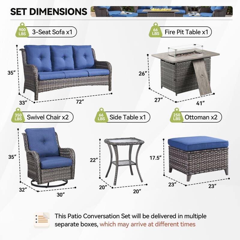 Gymojoy 7-Piece Outdoor Furniture Sofa Set with 2 Swivel Chairs, 2 Ottomans, End Table & 55K BTU Fire Pit Table