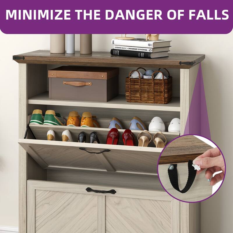 Moasis Farmhouse 16 Pairs Shoe Storage Cabinet with 2 Drawers Adjustable Shelves