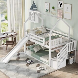 Twin Over Twin House Floor Bunk Bed, Wooden Low Bedframe with Convertible Slide, Storage Staircase, White