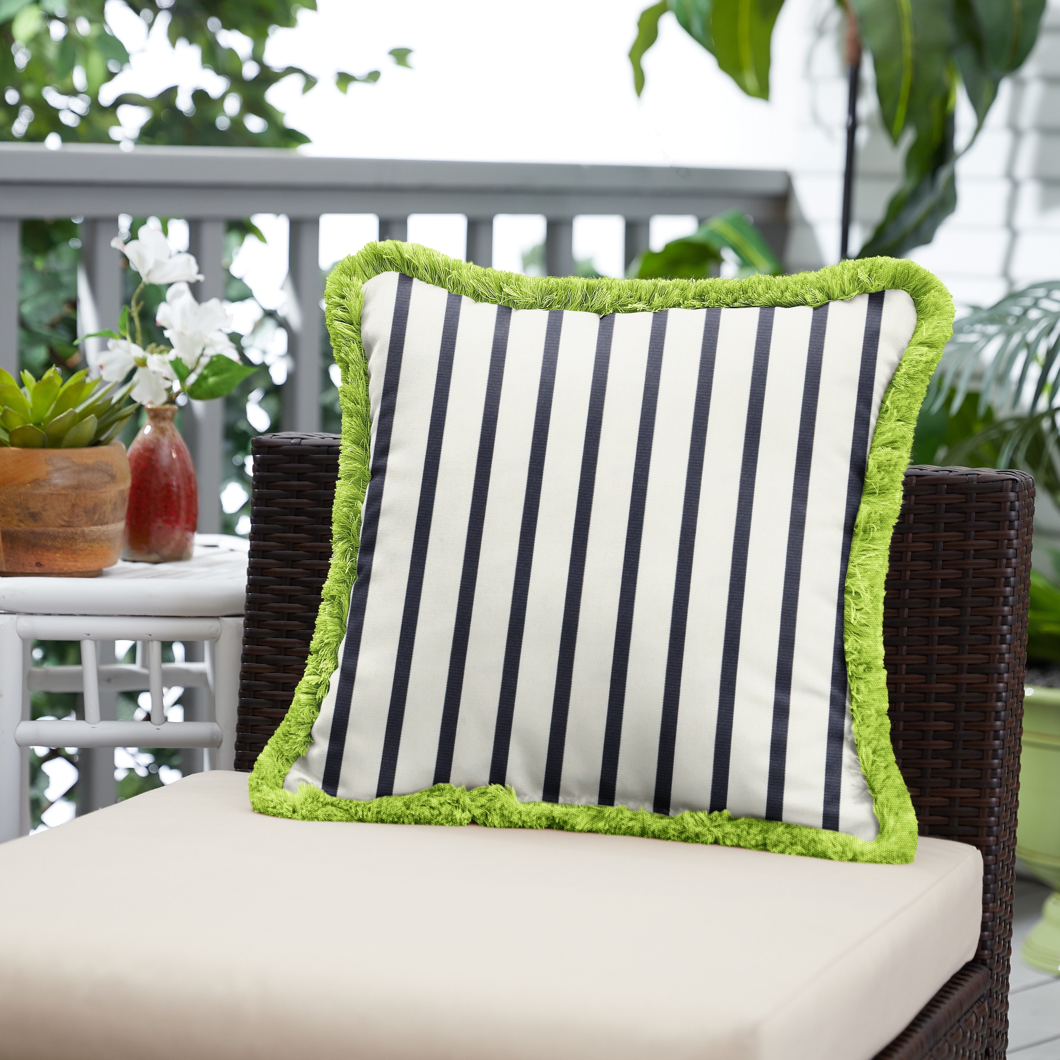 Sunbrella Lido Indigo and Amande Fringe Indoor/ Outdoor Pillow - 18 in L x 18 in W