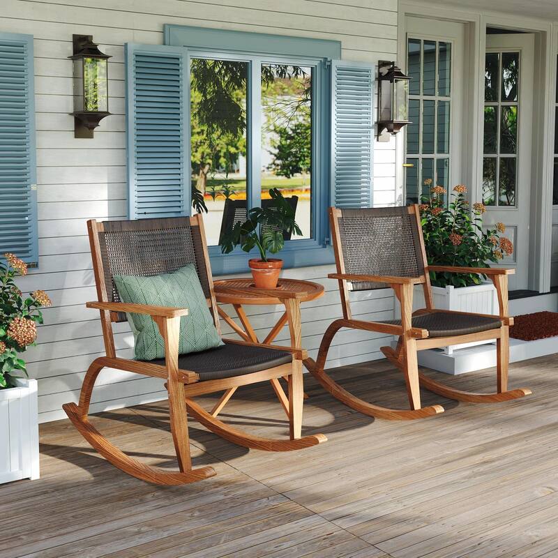 Outdoor Rocking Chair Set - 2 Acacia Wood Rockers with Wicker Rattan Seat & Backrest - Dark Brown