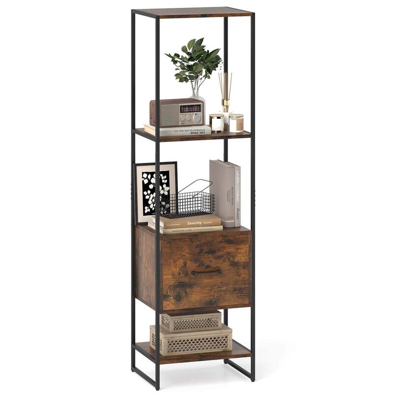 Costway 5-Tier Bookshelf with 4 Open Shelves Storage Drawer Modern - See Details - Brown-1 PCS
