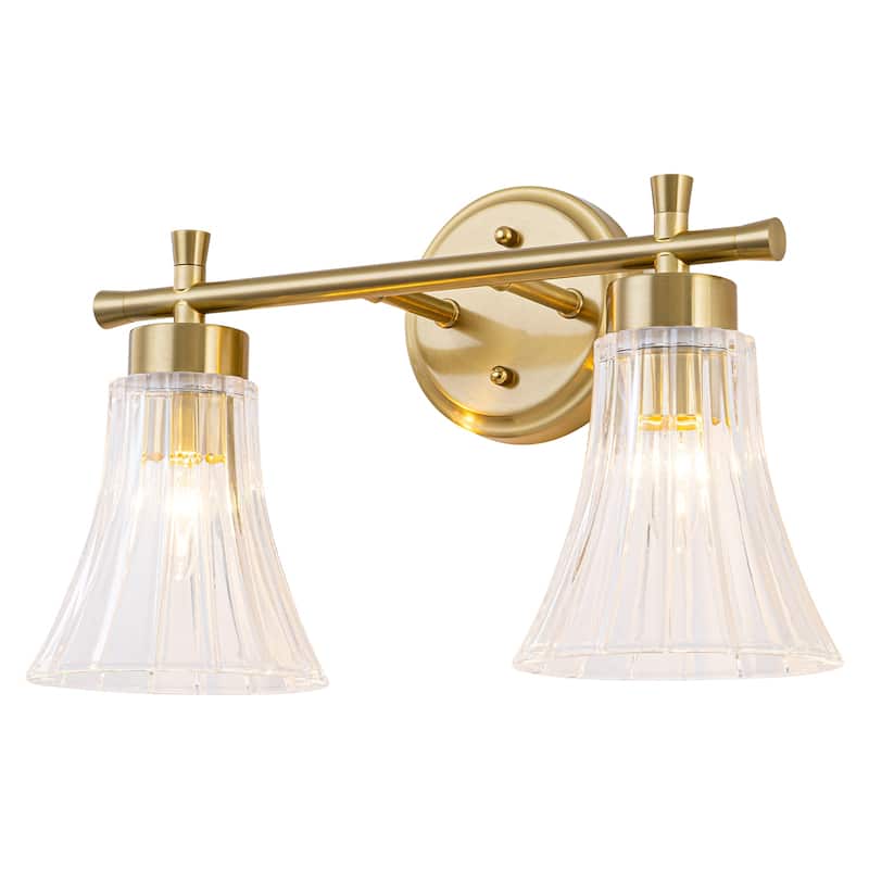 Gold Metal Wall Sconce Ribbed Trumpet Glass Shade for Bathroom Vanity