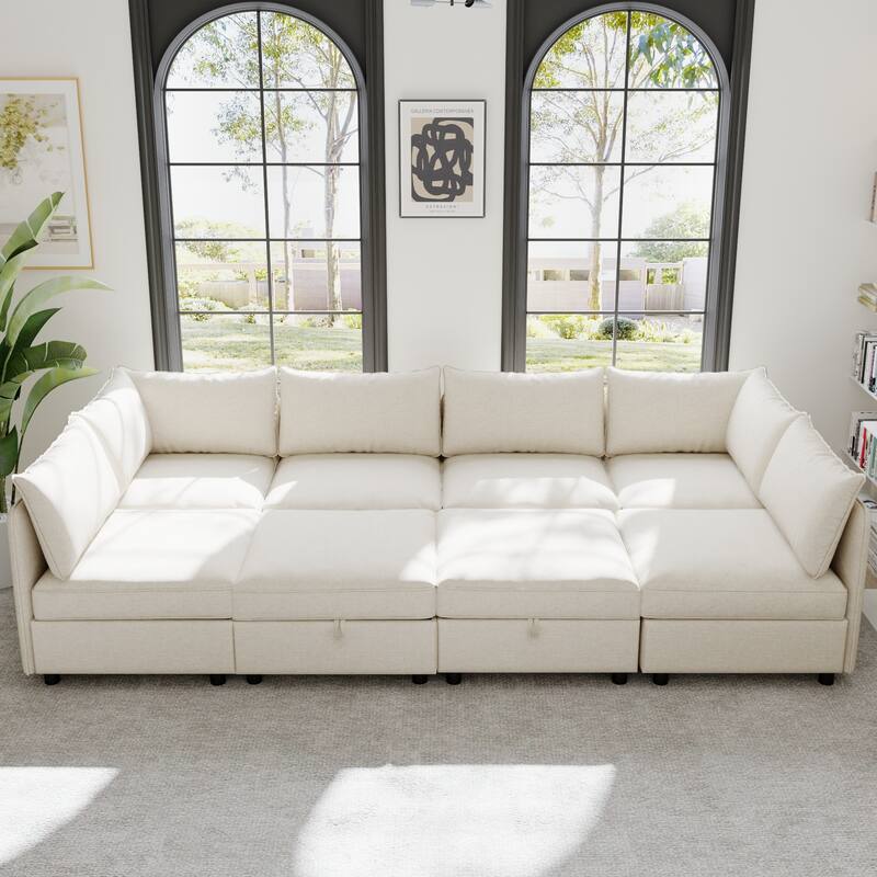 8-Seat Convertible Sectional Sofa Set with Storage Chaise - Beige
