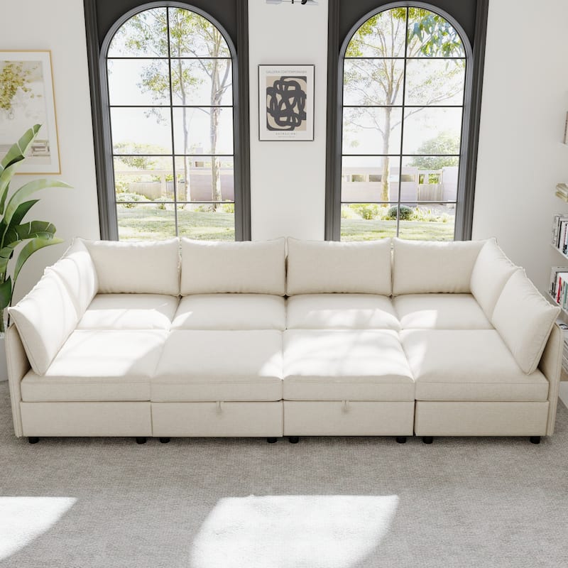 L Shaped Modular Sectional Sofa with Storage, Convertible 8 Seater Sofa with Chaise & Ottoman, Chenille Fabric Sleeper Sofa - Beige