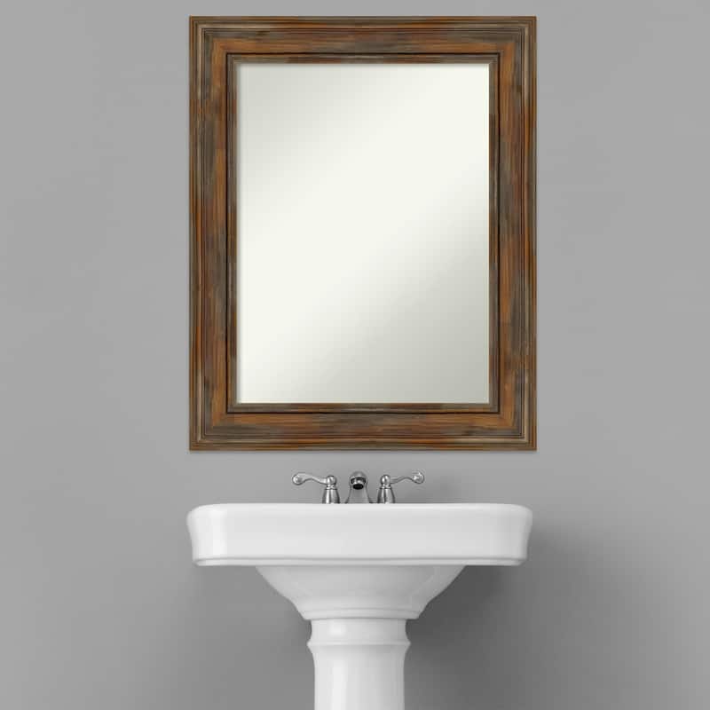 Non-Beveled Wood Bathroom Wall Mirror - Alexandria Rustic Brown Frame