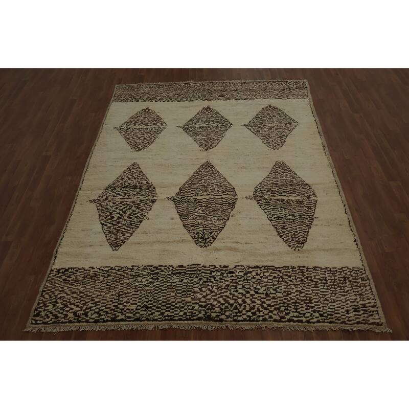 Hand Knotted Oriental 100% Wool Carpet Modern Tribal Beige & Ivories Moroccan Area Rug - 9' 7'' X 6' 8''