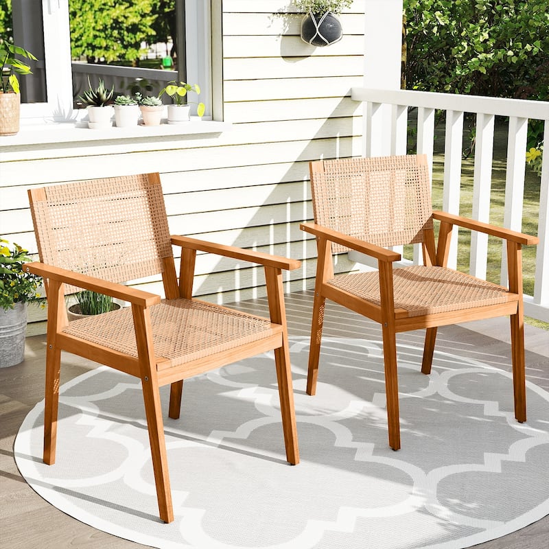 Gymax Acacia Wood Outdoor Dining Chairs Set of 2 w/Backrests &
