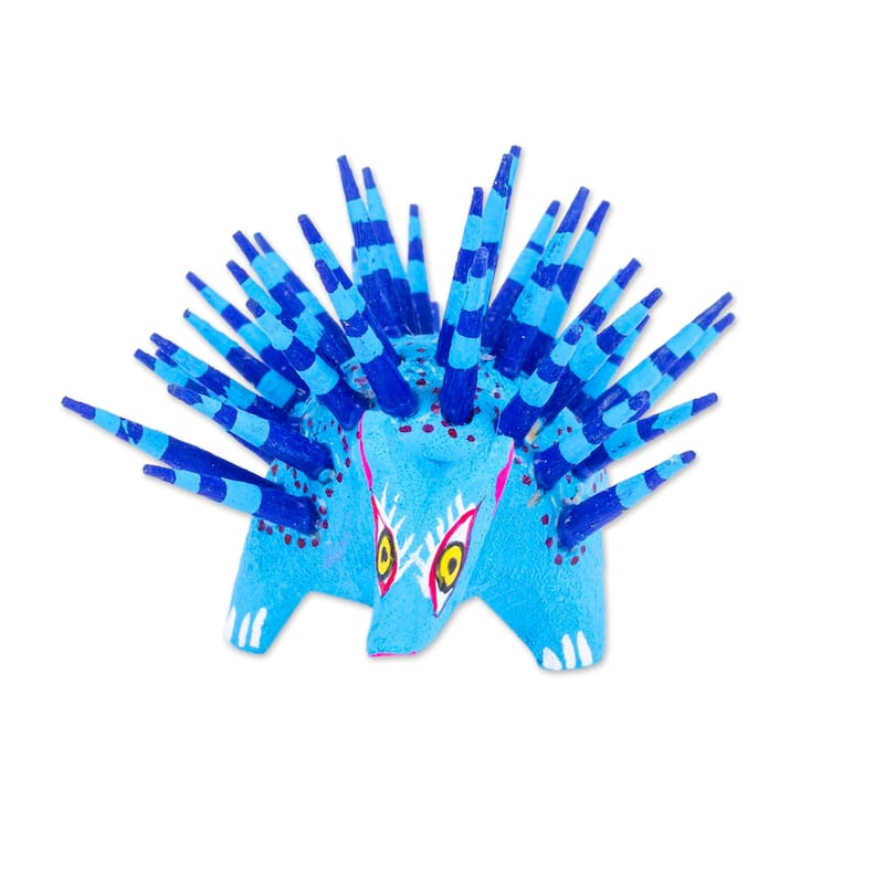 Novica Handmade Cute Porcupine In Sky Blue Wood Alebrije Figurine
