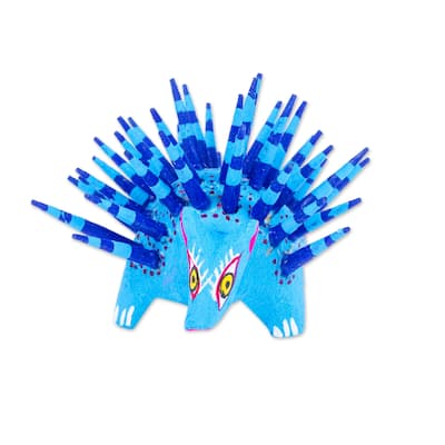 Novica Handmade Cute Porcupine In Sky Blue Wood Alebrije Figurine