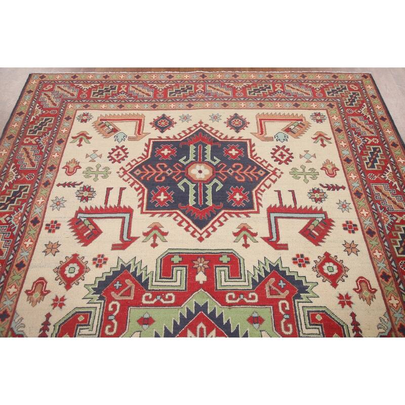 Hand Knotted Oriental 100% Wool Carpet Traditional Geometric Beige & Ivories Kazak Area Rug - 9' 10'' X 6' 5''
