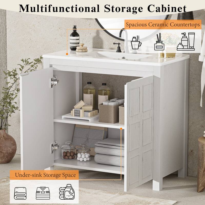 36" Rustic Bathroom Vanity Cabinet with Ceramic Sink -Solid Wood Freestanding Organizer with Soft Close Doors.