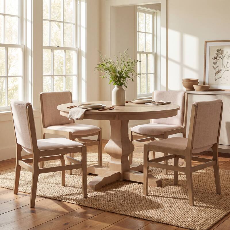 Christopher Knight Home - Rustic 5-Piece Round Pedestal Dining Set with Round Wood Table and Upholstered Armless Dining Chairs - 5-Piece Set - Light Ash+Beige