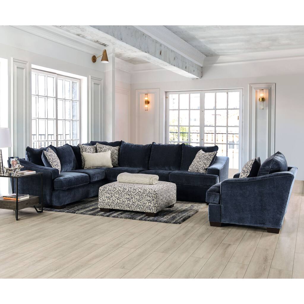 Parthage Contemporary Navy Chenille Upholstered 2-Piece Sectional with Chair by Furniture of America